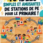 Des enfants jouent à des stations d'éducation physique en extérieur.