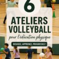 Séance de volley avec des élèves s'amusant autour de stations d'exercices.