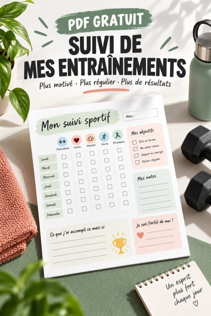 PDF gratuit de suivi d'entraînement sur une table avec des accessoires de fitness