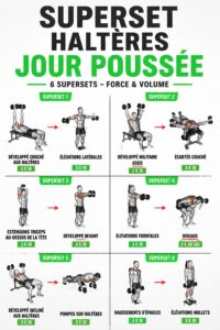 Femme s'entraînant avec des haltères, en effectuant un superset pour son push day.
