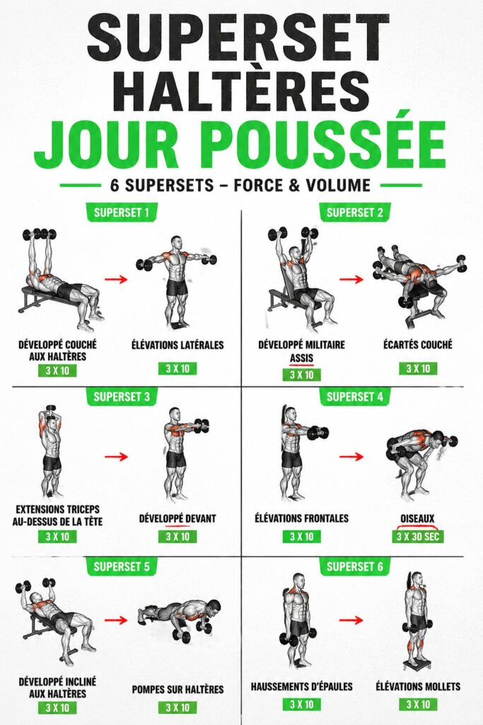 Femme s'entraînant avec des haltères, en effectuant un superset pour son push day.
