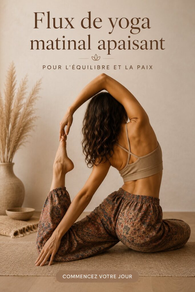 Femme pratiquant le yoga matinal à la lumière du matin, pour équilibre et sérénité.