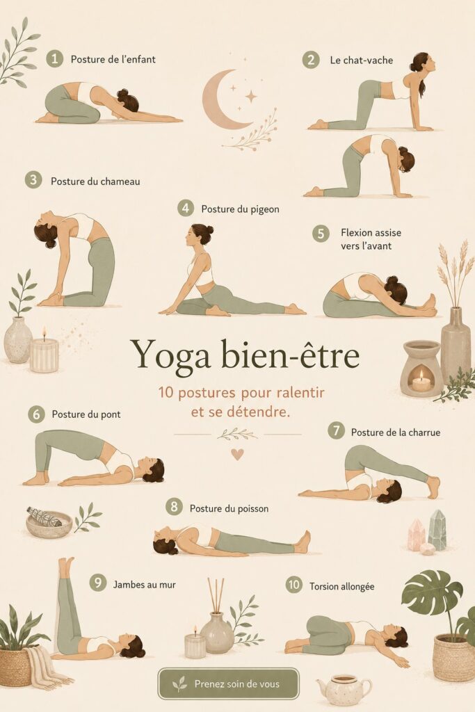 Femme en position de yoga relaxante dans un cadre intérieur apaisant