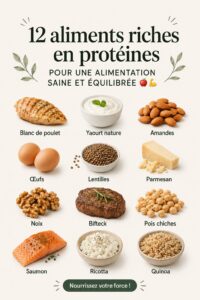 Assortiment de 12 aliments variés riches en protéines sur une table