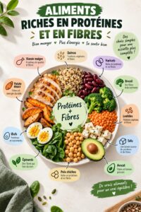 Assiette colorée avec des aliments riches en protéines et en fibres, idéale pour une alimentation saine.