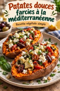 Bateaux de patate douce méditerranéens garnis de légumes et feta