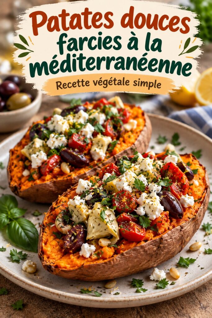 Bateaux de patate douce méditerranéens garnis de légumes et feta