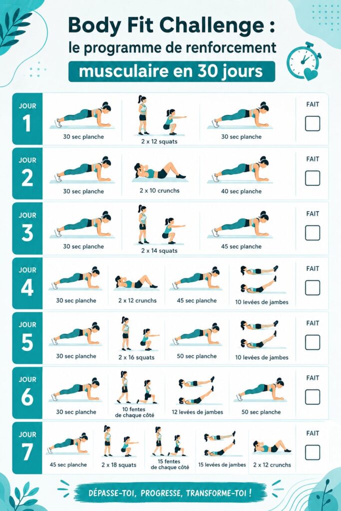 Femme en train de faire des exercices de renforcement musculaire à la maison pour le Body Fit Challenge.