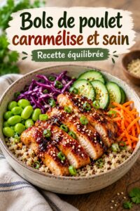 Bols de poulet sains avec légumes frais et sauce légère, parfaits pour un repas équilibré.