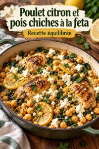 Bowl de poulet citronné avec pois chiches et feta, disposé sur une table en bois