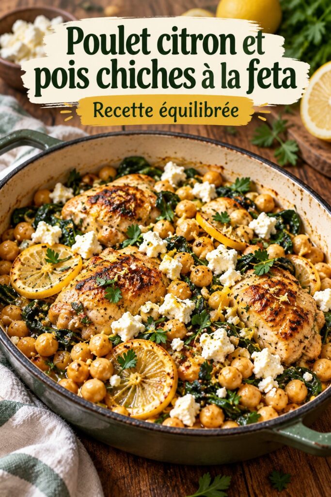 Bowl de poulet citronné avec pois chiches et feta, disposé sur une table en bois