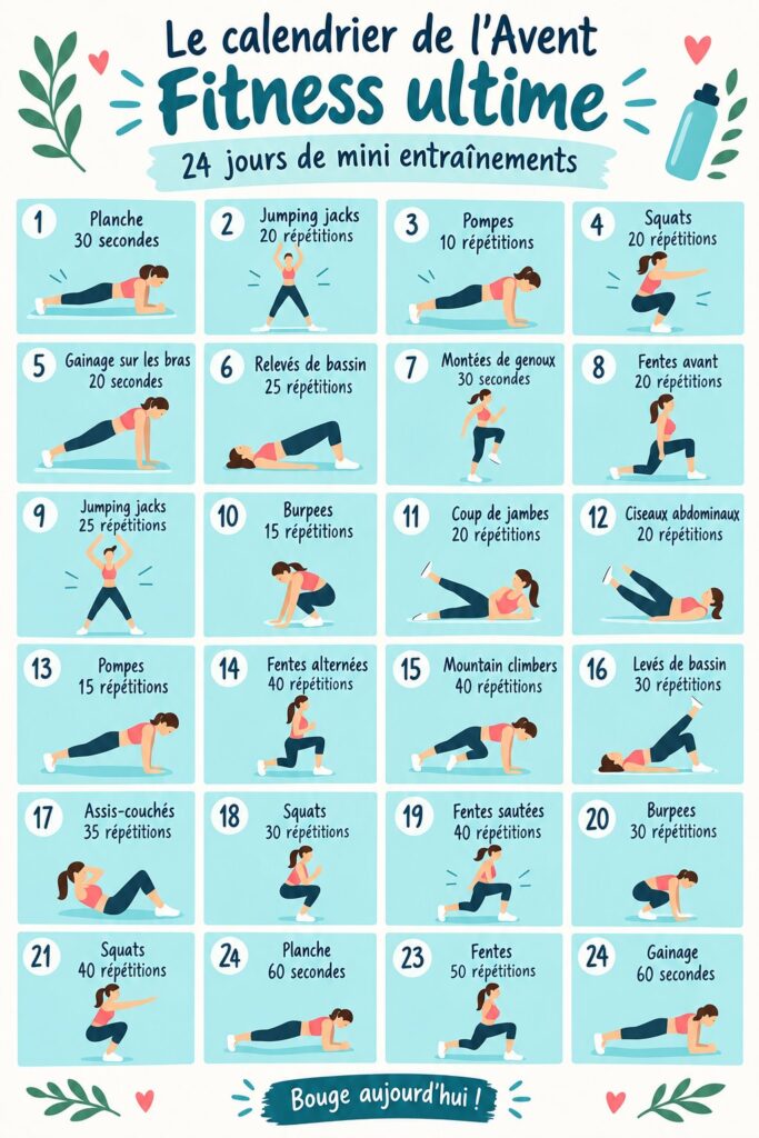 Visuel d'un calendrier de l'Avent avec des exercices de fitness