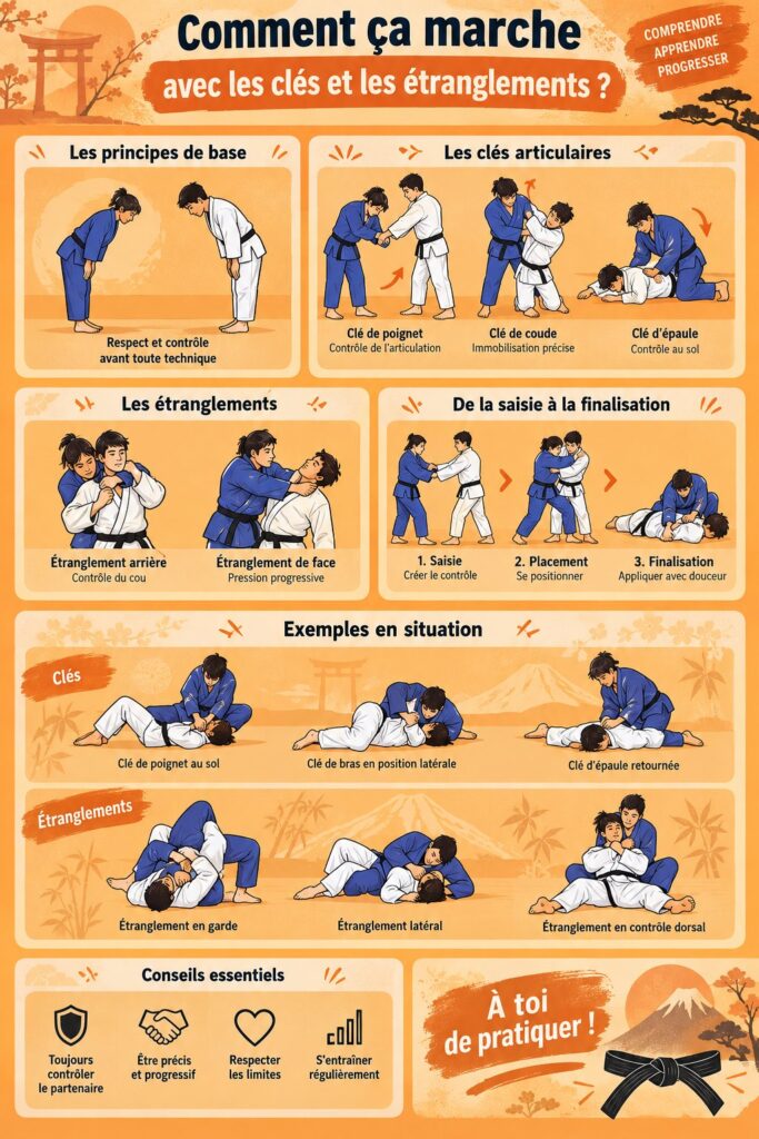Femme en judogi avec une ceinture de judo, pratiquant des techniques de bandage.