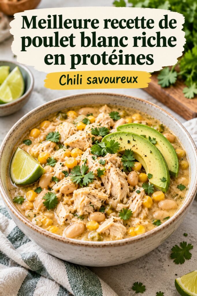 Un bol de chili au poulet blanc riche en protéines, garni d'avocat et de coriandre