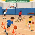 Femme en train de pratiquer un circuit de basketball en extérieur.