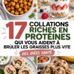 Sélection de collations saines et protéinées sur une table en bois.