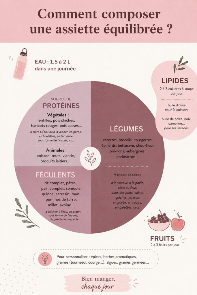 Assiette équilibrée avec légumes, protéines et féculents sur une table