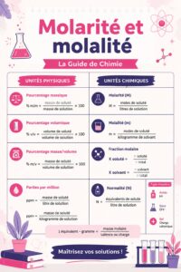 Illustration de concepts de molarité et molalité en chimie avec des solutions colorées