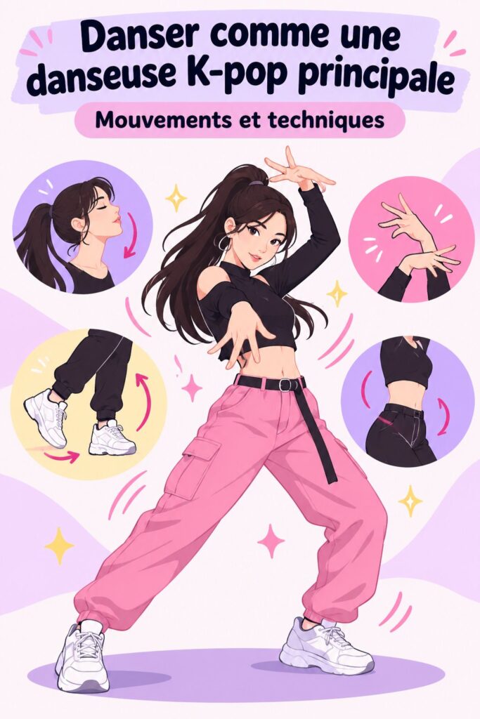 Femme pratiquant des mouvements de danse inspirés de la Kpop en pleine séance d'entraînement.