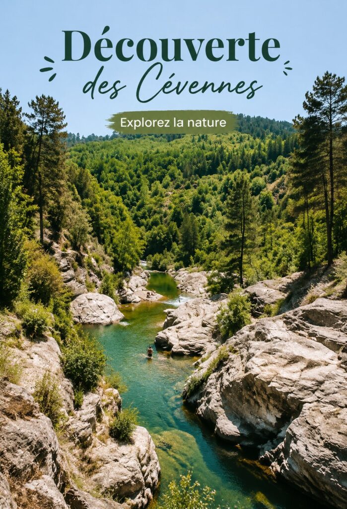 Vue panoramique des paysages des Cévennes avec des montagnes verdoyantes.