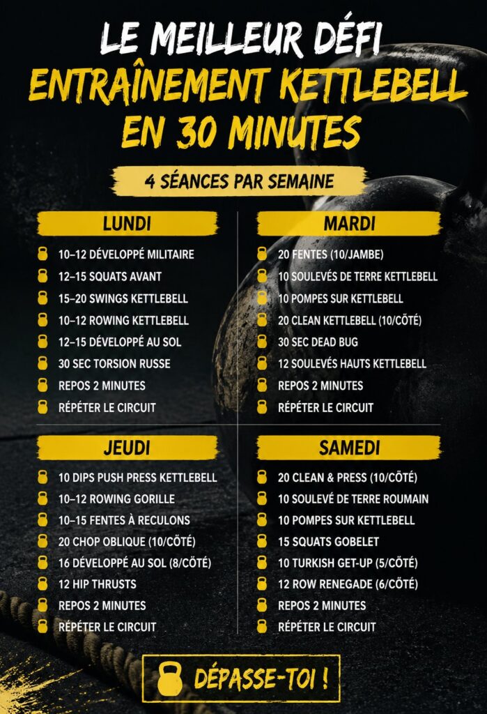 Femme active effectuant un entraînement avec kettlebell de 30 minutes.