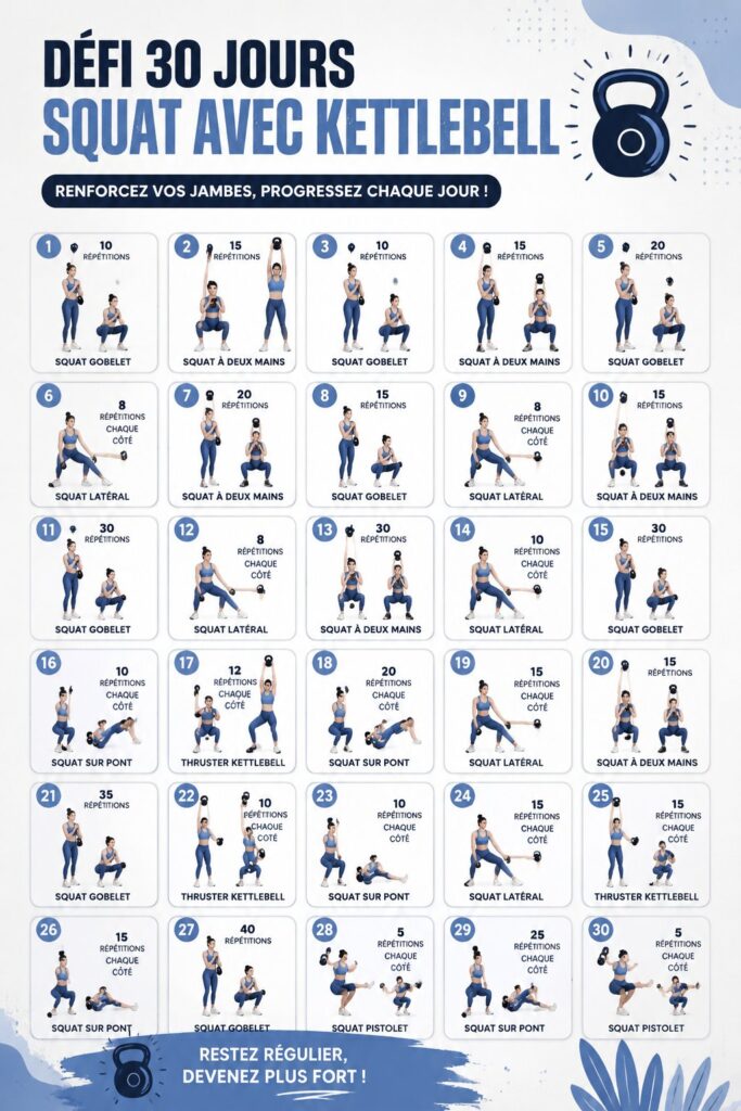 Femme effectuant des squats avec kettlebell dans un parc.