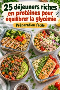 Déjeuners riches en protéines sur une table, incluant salades et plats maison.