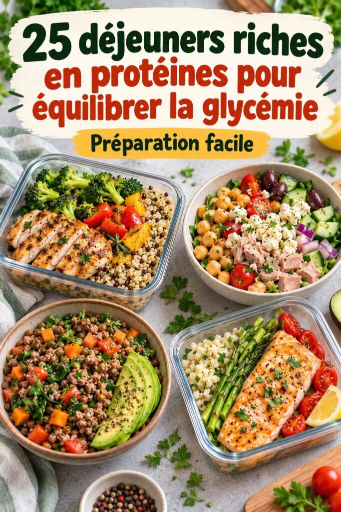 Déjeuners riches en protéines sur une table, incluant salades et plats maison.