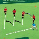 Femme faisant un drill de défense en rugby à VII, axée sur la technique et la communication d'équipe.