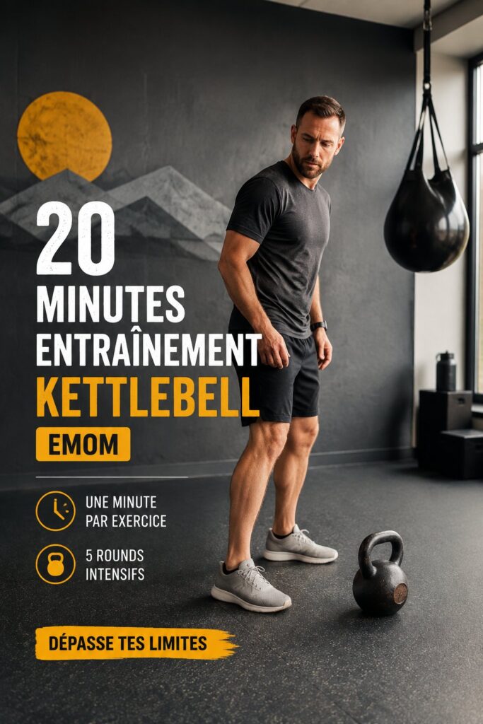 Femme s'entraînant avec un kettlebell à la maison, montrant une séance de fitness pratique.
