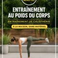 Femme s'entraînant à la maison sans matériel, effectuant des exercices de calisthénie.