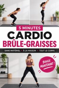 Femme réalisant un entraînement cardio de 5 minutes à la maison.