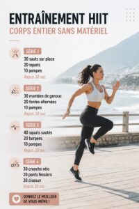 Femme réalisant un entraînement HIIT complet sans équipement dans un salon