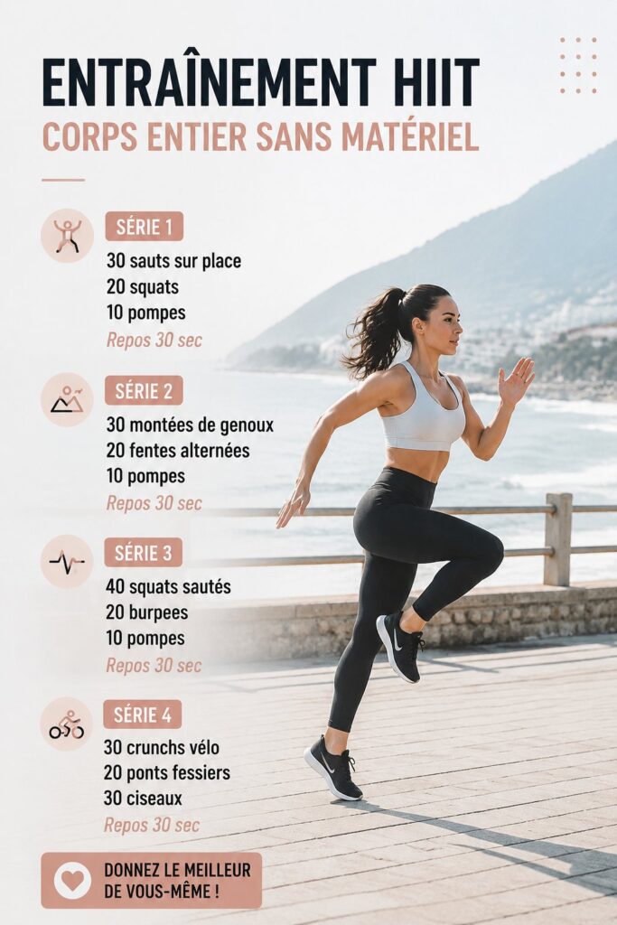 Femme réalisant un entraînement HIIT complet sans équipement dans un salon