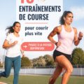 Femme courant sur un sentier, souriante et pleine d'énergie, illustrant un entraînement de course.