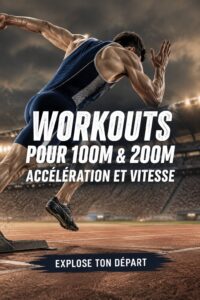 Femme s'entraînant au sprint sur une piste, se concentrant sur son accélération pour les épreuves de 100m et 200m.
