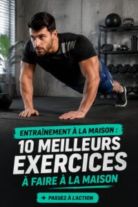 Femme faisant des exercices à domicile, entourée de matériel de fitness.