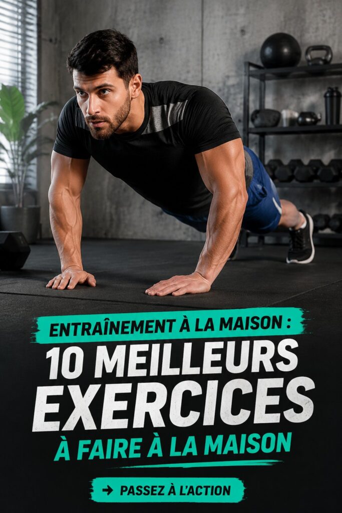 Femme faisant des exercices à domicile, entourée de matériel de fitness.