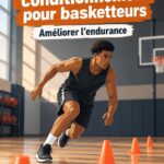 Femme s'entraînant au basket en faisant des exercices de conditionnement sur un terrain en extérieur.