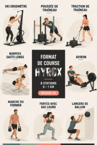 Femme en pleine course lors d'un événement Hyrox, illustrant le défi physique et l'esprit communautaire.