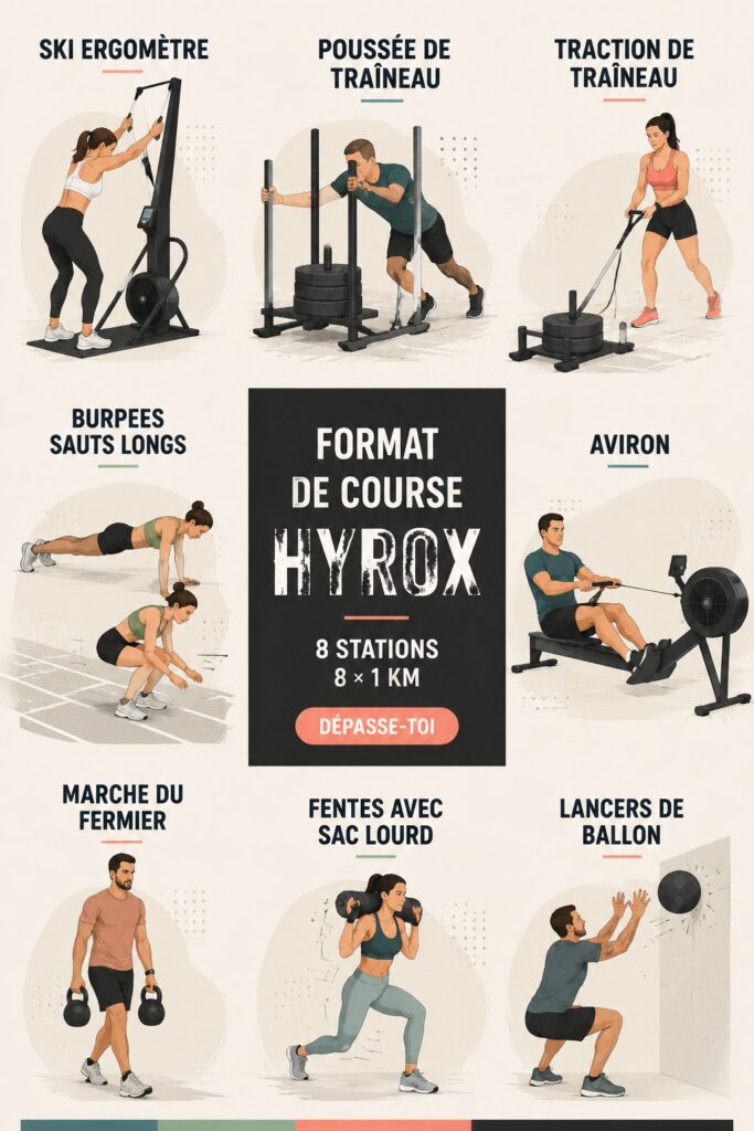 Femme en pleine course lors d'un événement Hyrox, illustrant le défi physique et l'esprit communautaire.