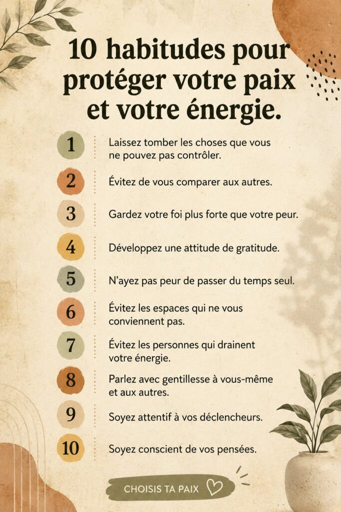 Femme méditant paisiblement dans un jardin, illustrant des habitudes pour préserver l'énergie.