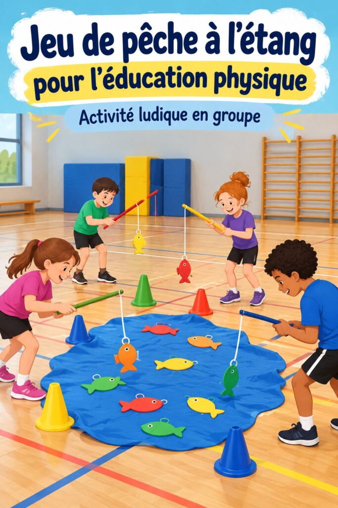 Jeu de pêche en plein air avec des enfants s'amusant et apprenant en EPS.
