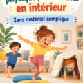 Enfants jouant à un jeu de fitness intérieur avec des accessoires colorés