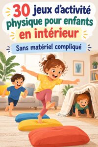 Enfants jouant à un jeu de fitness intérieur avec des accessoires colorés