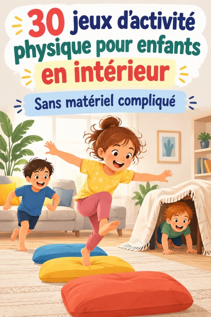 Enfants jouant à un jeu de fitness intérieur avec des accessoires colorés