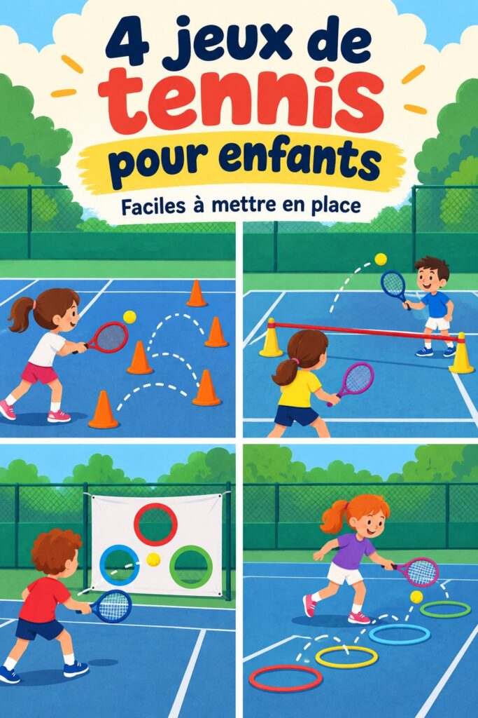 Un enfant jouant au tennis avec un parent sur un court de tennis.
