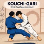 Technique de judo Kouchi-gari démontrée par une judokate sur le tatami.