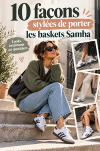 Un ensemble mode féminin incluant des Adidas Samba stylées avec un look décontracté.
