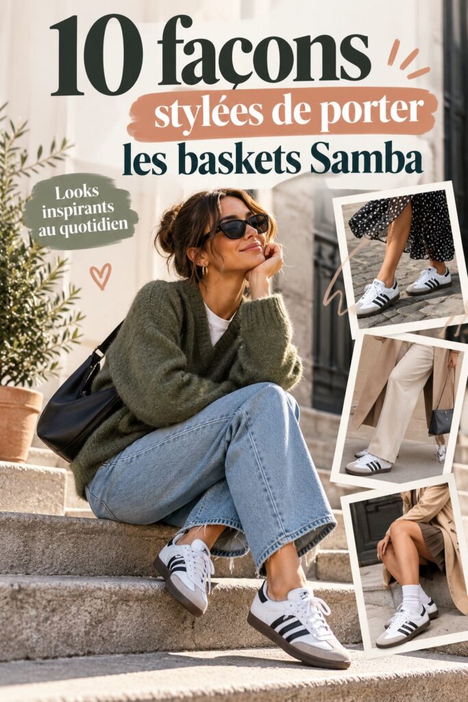 Un ensemble mode féminin incluant des Adidas Samba stylées avec un look décontracté.